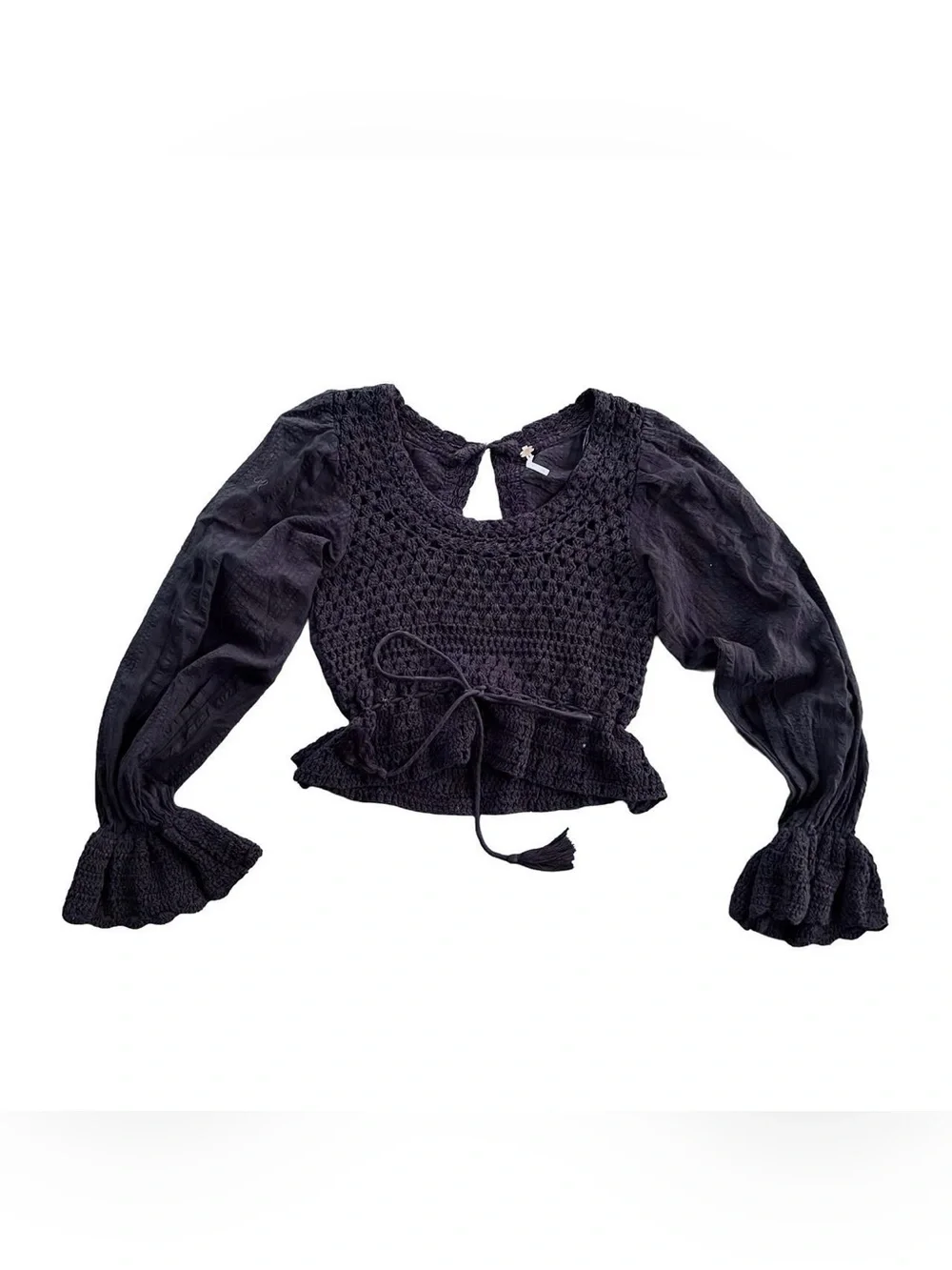 Free People Women Black Puff Sleeve Cowgirl Crochet Crop Open Back Top Size XS